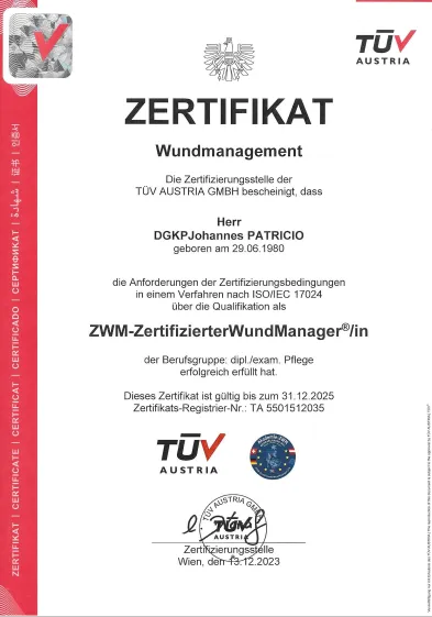 TÜV Austria Zertifikat Wundmanagement – Zertifizierter Wundmanager DGKP Johannes Patricio