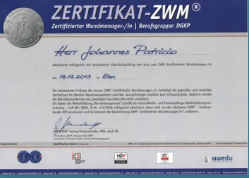 TÜV-Zertifikat ZWM – Zertifizierter Wundmanager Johannes Patricio bei Dein Wundexperte in Wien & Korneuburg